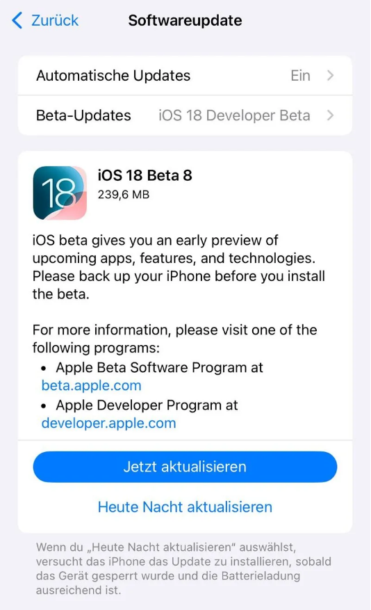 习水苹果手机维修分享苹果 iOS / iPadOS 18 开发者预览版 Beta 8 发布 